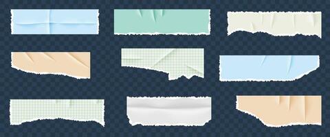 Torn paper pieces from a notebook with wrinkles and rips. set of blue, green, beige, white, and grid note sheets. Useful for scrapbooking, design, and creative projects. vector