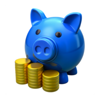 3d Piggy Bank blue color with stack of Gold coins surround it, Saving Financial Growth investment Business Concept png