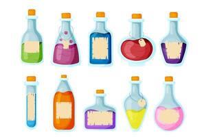 Set of magic potion in a glass bottle with a stopper in flat style isolated on white background. illustration vector