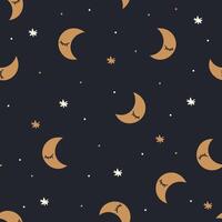 Seamless pattern in a simple childish style. Sleeping moon with closed eyes and stars on dark background vector