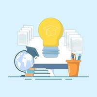 Online education concept, Light bulb idea with computer, books, stationery, world map, digital marketing. Illustration on isolated background. vector