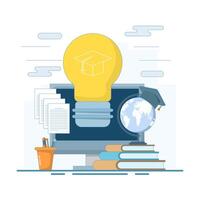 Online education concept, Light bulb idea with computer, books, stationery, world map, digital marketing. Flat design illustration on isolated background. vector