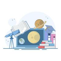 Online education concept, Open book with planets above computer, telescope, degree limits, digital marketing. Flat illustration on isolated background. vector