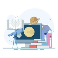 Online education concept, Open book with planets on computer, telescope, degree limits, digital marketing. Flat design illustration on isolated background. vector
