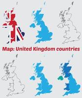 Maps of uk, Outline, and Regional Divisions, United kingdom country map set. internal provinces borders marked, Simple map of United kingdom drawing. vector
