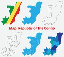Maps of Republic of the congo, Outline, and Regional Divisions, Republic of the congo country map set. internal provinces borders marked, Simple map of Republic of the congo drawing. vector
