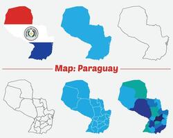 Maps of Paraguay, Outline, and Regional Divisions, Paraguay country map set. internal provinces borders marked, Simple map of Paraguay drawing. vector