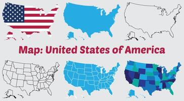 USA map. American map. United States of America map in flat and lines design, USA country map set. internal provinces borders marked, Simple map of USA drawing. vector
