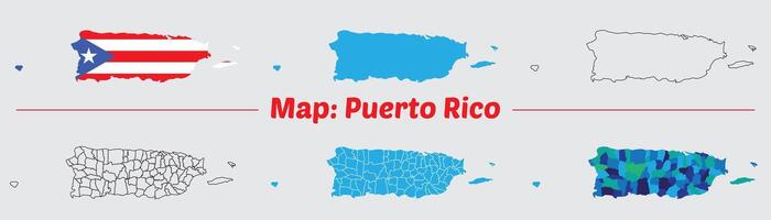 Maps of Puerto rico , Outline, and Regional Divisions, Puerto rico country map set. internal provinces borders marked, Simple map of Puerto rico drawing. vector
