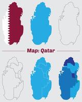 Maps of Qatar, Outline, and Regional Divisions, Qatar country map set. internal provinces borders marked, Simple map of Qatar drawing. vector