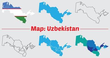 Maps of Uzbekistan, Outline, and Regional Divisions, Uzbekistan country map set. internal provinces borders marked, Simple map of Uzbekistan drawing. vector