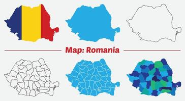 Maps of Romania, Outline, and Regional Divisions, Romania country map set. internal provinces borders marked, Simple map of Romania drawing. vector