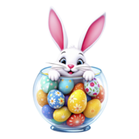 Easter bunny in a glass bowl with colorful eggs png