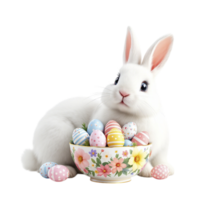 A white rabbit sitting in front of a bowl of colorful eggs png