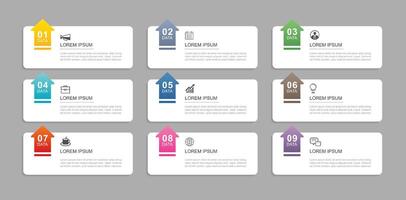 A layout template featuring 9 data infographic rectangle tabs with arrows. vector
