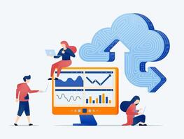 illustration of Learning machines installed in the cloud optimize statistical data upload and download activities to the server enhancing AI automation and digital transformation vector