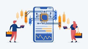 illustration of Financial applications installed with chips enable accurate financial and investment decisions leveraging AI driven analytics automation and cloud based security vector