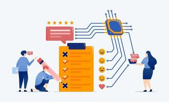 illustration of Learning engine chips and processors assist people in making choices for surveys exams or quizzes while providing feedback and reviews with AI driven cloud based accuracy vector