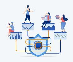 illustration of Chips enhance statistical data processing services and charts analyzing data security levels with AI driven protection encryption and cloud based storage solutions vector