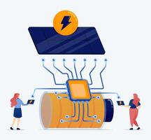 illustration of People access clean energy and efficiency on solar powered batteries using chip technology and artificial intelligence vector