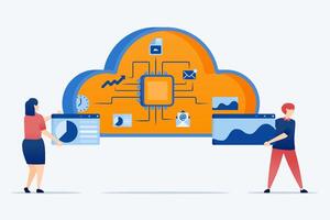 illustration of Chips in the cloud connect multiple tasks and data for processing with learning machines improving automation system efficiency and AI powered cloud computing vector