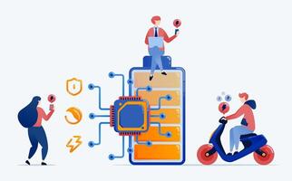 illustration of Chips or processors installed in batteries enhance energy efficiency and sustainability supporting smart power management in renewable and cloud integrated systems vector