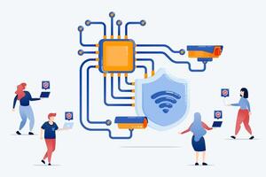 illustration of People use network security systems on wifi based on chips and AI vector