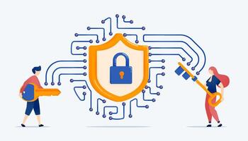 of chip designed for network security is symbolized by a padlock and shield, representing data protection, encryption, cybersecurity, and safe cloud-based information storage vector