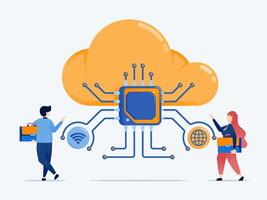 illustration of Cloud internet data is connected to learning engine chips supporting cloud technology development with AI automation secure data processing and enhanced digital innovation vector