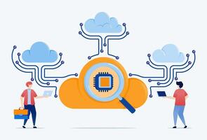 illustration of Developing cloud technology integrated with chips and interconnected between servers to enhance data processing automation security and AI powered storage management vector