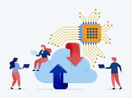 illustration of Cloud systems connected to learning machine chips provide efficient storage for upload and download servers improving data processing scalability and security vector
