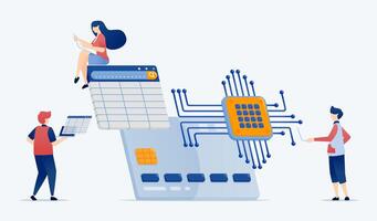 illustration of People use financial services for shopping and payments with credit cards using AI technology and chip networks as security vector