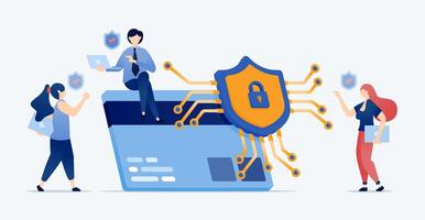 illustration of learning engine in the form of a shield network chip secures and authorizes credit card transactions for banking services ensuring encrypted cloud based financial protection vector