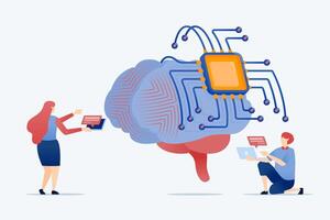 illustration of The development of a learning engine with data processing advances artificial intelligence technology simulating a neuron brain for AI driven cloud computing applications vector