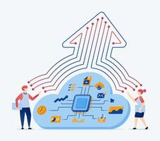 of chip helps access multitasking jobs in the cloud and uploads them to the server, improving workflow efficiency, automation, data processing, and secure online storage vector