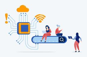 illustration of people use search engines that are equipped with chip and AI technology for ease and data accuracy, connected to wifi, cloud and warning systems vector