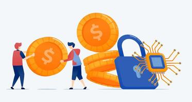 illustration of Stacks of coins sealed with chip padlocks represent security and protection technology advancements in banking services ensuring encryption and financial safety vector
