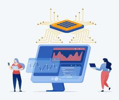 illustration of people use chips to process data on monitor screens with the help of AI for analysis and strategy purposes for financial and accounting needs of companies vector