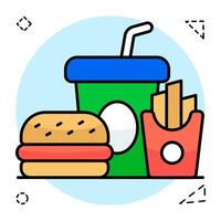 Modern Flat Circular design icon of burger with drink and fries, fast food icon vector