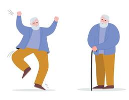 Old man unhealthy and active. Elderly man with a cane in his hand, with a gray beard. Positive pensioner enjoys life. flat graphics. vector