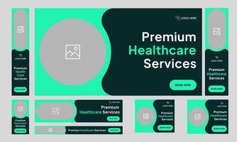 Trendy digital healthcare services web set banner design for social media post, daily medical services web bundle banner design, fully customizable eps 10 file format vector