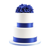 A white and blue wedding cake with a blue ribbon png