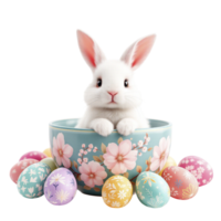 A white rabbit sitting in a bowl surrounded by colorful eggs png