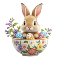 Easter bunny in a bowl with eggs and flowers png