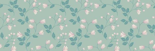 Elegant seamless pattern with delicate wildflowers and leaves on a muted green background. Soft pastel tones create a vintage, romantic, nature inspired design for textiles, wallpapers vector
