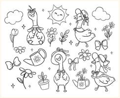 Cute Silly Goose Outline Cartoon Cottagecore Spring Hand Drawn Playful Coquette Character vector