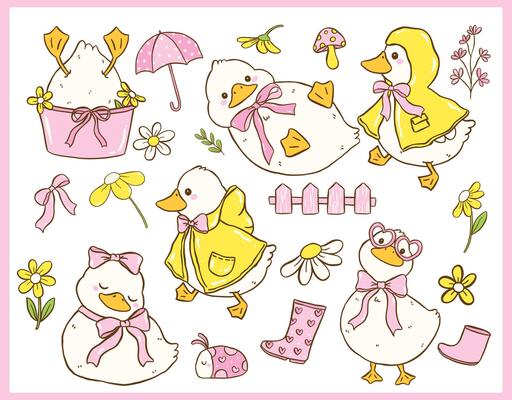 Cute Cottagecore Spring White Call Duck Cartoon Farm Animal Collection Hand Drawn Quirky Kid Design