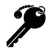 Key and keychain graphic. Black silhouette style. Front-facing view. A straightforward flat illustration. Isolated on a white backdrop. vector