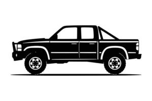 Pickup truck symbol. Off-road automobile. SUV. Dark silhouette. Side angle view. Single object against a white background. Isolated. vector