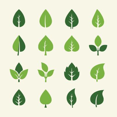 Set of flat bio-organic eco leaf icons in green hues.